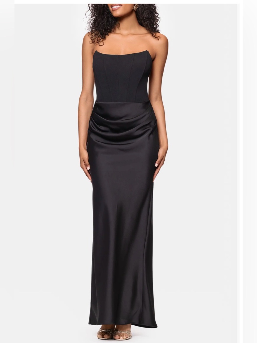 Betsy & Adam Strapless Mixed Media Strapless Black Satin Column Gown 10 *Flaw
